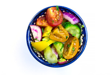 Vegetable salad in oriental bowl isolated on white vertical