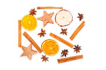 Fototapeta na wymiar Christmas background with cinnamon, anise and dry orange