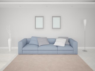 Room with a blue sofa.
