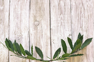 Laurel branches  on wooden background 