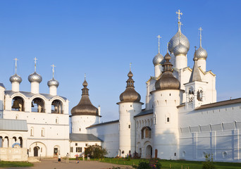 Fototapeta na wymiar Belfry, Holy Gates and the Resurrection Church with belfry on the cathedral Square of the Kremlin of the Rostov Veliky
