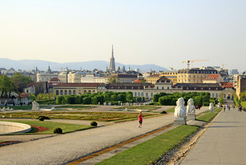 VIENNA, AUSTRIA - APRIL 25, 2013: The garden of Belvedere Palace on the sunset, Vienna, Austria