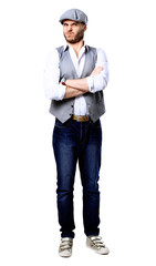 Full length portrait of happy handsome young man isolated on white background