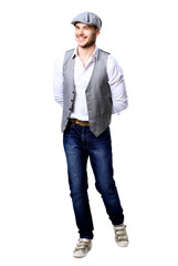 Fototapeta premium Full length portrait of happy handsome young man isolated on white background