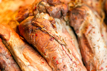 Meat food in market shop windows