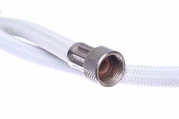 Old flexible metal hose pipe isolated on with white background