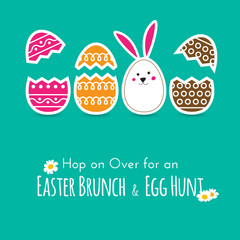 Simple Easter wishing card with cracked eggs and bunny in flat design