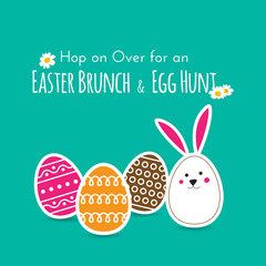 Simple Easter wishing card with eggs and bunny in flat design