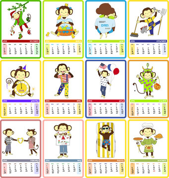 Holidays calendar for 2016  with cute monkey