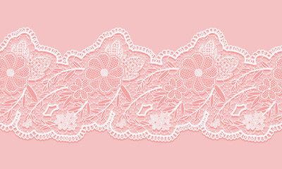 White and pink seamless lacy ribbon on pink background. Floral seamless border for design.