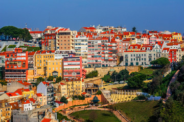 Fototapeta na wymiar Lisbon Skyline with red roofs from Sao Jorge Castle. Portugal.