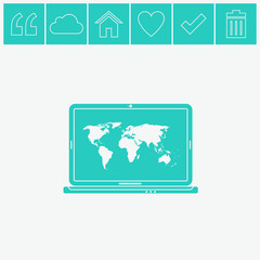 Laptop with world map vector icon.
