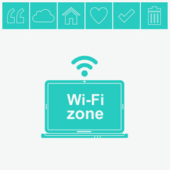 Laptop with Wi-Fi zone label. Vector icon.
