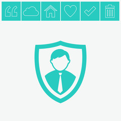 Shield protection vector icon. Security agency symbol. Shield icon with an avatar.