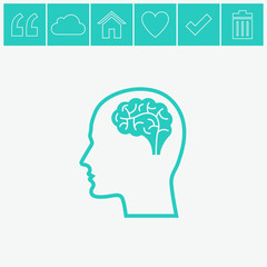 Head with brain vector icon. Male human head think symbol.
