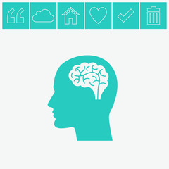 Head with brain vector icon. Male human head think symbol.