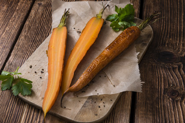 Portion of Baked Carrots (close-up shot)