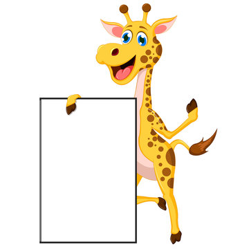 happy cartoon giraffe posing with blank sing