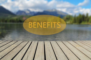 benefit text, mountain lake in the background