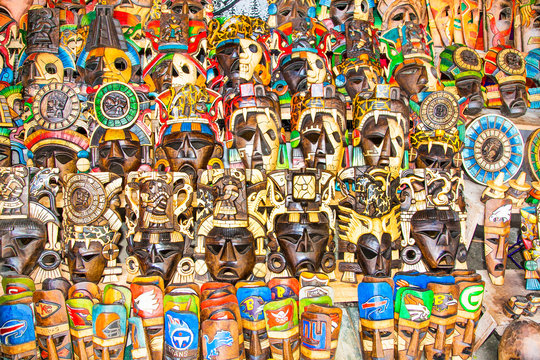 Colorful Mayan handcraft masks , Mexico.
