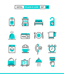 Hotel,accommodation, room service, restaurant and more. Plain and line icons set, flat design, vector illustration