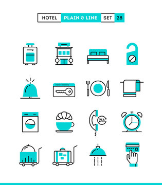Hotel,accommodation, room service, restaurant and more. Plain and line icons set, flat design, vector illustration