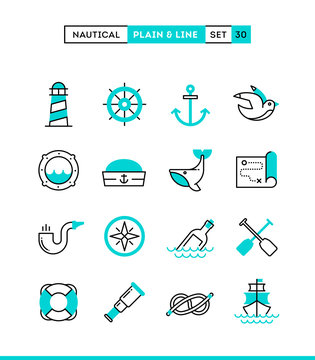 Nautical, sailing, sea animals, marine and more. Plain and line icons set, flat design, vector illustration