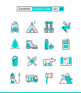 Camping, hiking, wilderness, adventure and more. Plain and line icons set, flat design, vector illustration