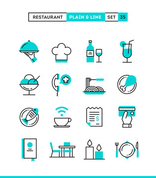 Restaurant, phone ordering, meal, receipt and more. Plain and line icons set, flat design, vector illustration