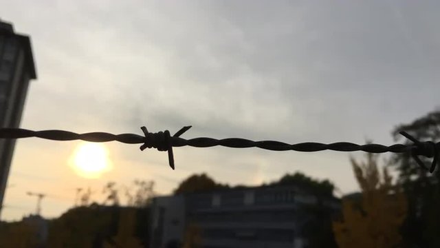 Closeup of horizontal metal barbed wire across background of city buildings and beautiful sunset.