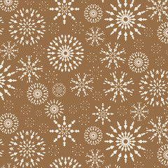 Naklejka na ściany i meble Christmas pattern. Winter theme retro texture. Snowflake silhouettes on gold background. Vector illustration.