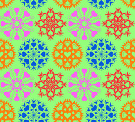 Seamless pattern of heart view snowflakes. Winter, Christmas, Valentine day, birthday texture. Colored ornament on green background. Vector