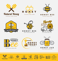 Set of honey bee logo and labels for honey products. Abstract bee and honey logo symbols. Vector illustration