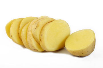 Fresh sliced potatoes on white background