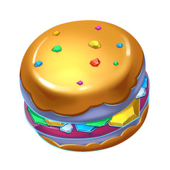 Illustration: Do you dare to eat the Golden Gem Hamburger? Realistic Fantastic Cartoon Style Artwork, Story Character, Wallpaper, Wish Card Design