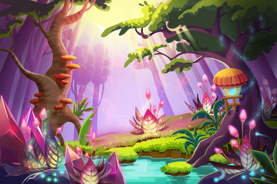 Illustration: The Mystery Forest with Strange Plants and Flowers. Realistic Fantastic Cartoon Style Artwork Scene, Wallpaper, Story Background, Card Design
