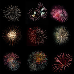 Nine colorful fireworks on black background