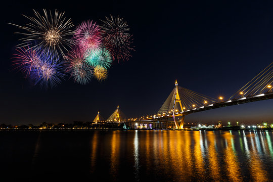 Fireworks over Bhumibol Bridge or Industrial Ring Road bridge