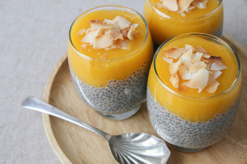 Homemade Chia seed pudding with mango, selective focus, toning