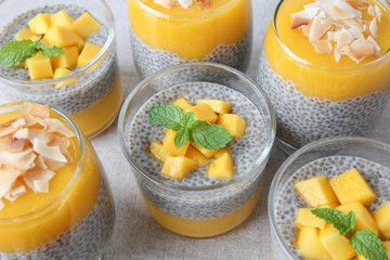 Homemade Chia seed pudding with mango, selective focus, toning