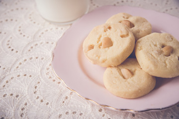 Homemade macadamia cookies, selective focus,toning.