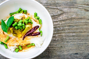 Thai rice vermicelli served with curry, copy space