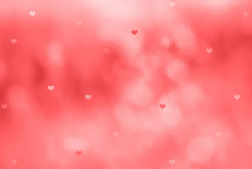 Lovely red color blurry glass textured window details with beautiful small Valentine's Day Heart symbols illustration background. Lovely Valentine Holidays greeting card copy space background.