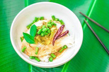 Thai rice vermicelli served with curry, copy space