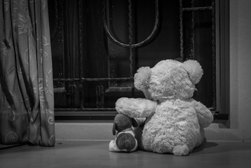 Teddy bears in a deep depression, black&white, concept