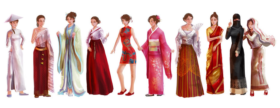 Cartoon illustration of Asian female woman traditional, religion, and national costume dress clothing fashion clothes set represent each country art and culture in friendly and world peace concept