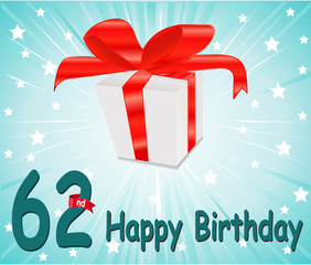 62 year Happy Birthday Card with gift and colorful background in vector EPS10