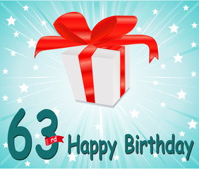 63 year Happy Birthday Card with gift and colorful background in vector EPS10