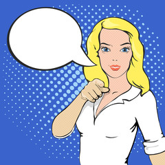 Pop Art illustration of girl with a speech bubble. Comic style woman. Hand pointing finger at viewer, from front 