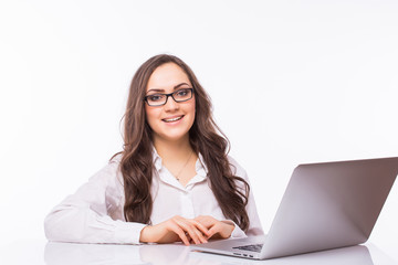 Laptop woman. Business Woman  with glasses using laptop computer pc. Isolated on white background.